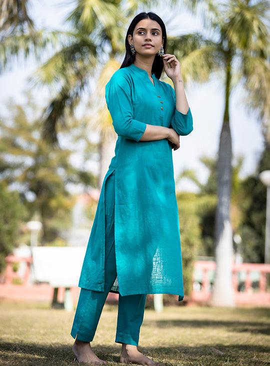 Teal Green Solid Cotton Kurta Pant Set - Indiakreations