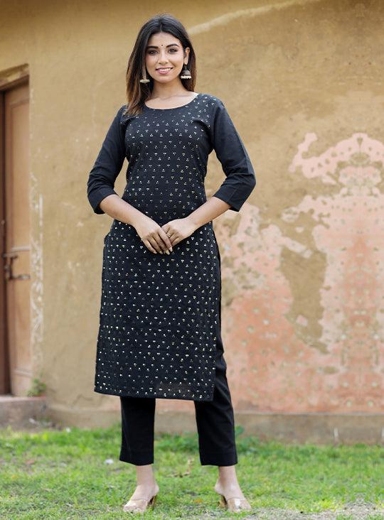 Black Solid Sequins Embellished Kurta Pant Set - Indiakreations