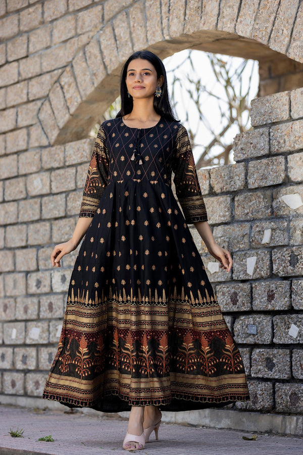 Black Orange Gold Printed Embellishment Ethnic Gown - Indiakreations