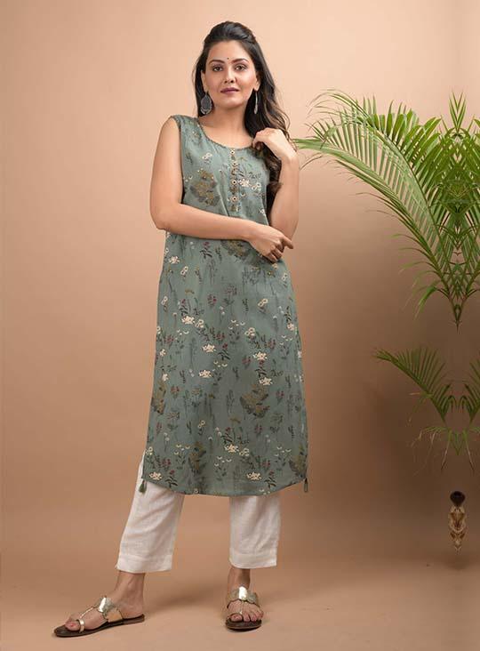 Green Sleeveless Kurta Pant Set - Indiakreations