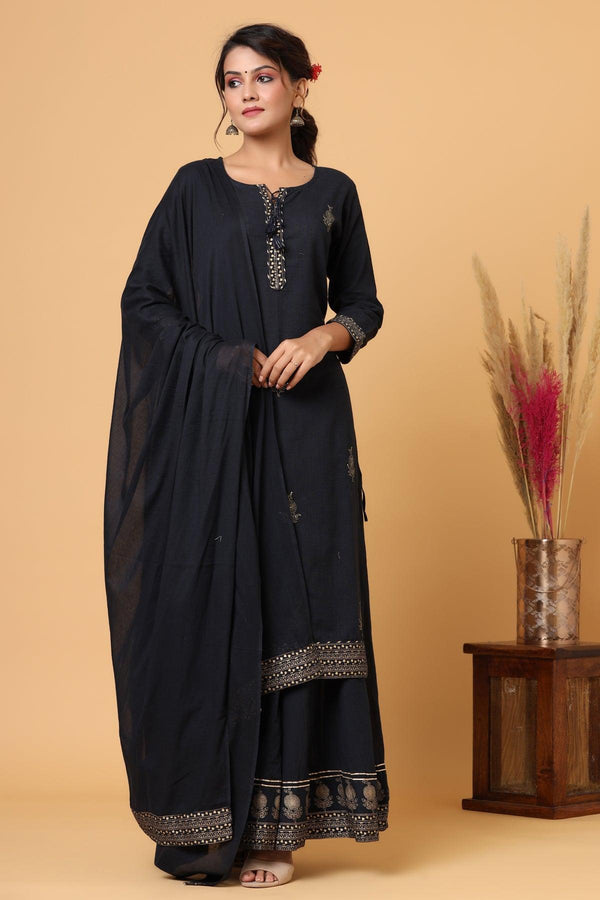 Blue Gold Embellished Cotton Kurta Sharara With Dupatta - Indiakreations