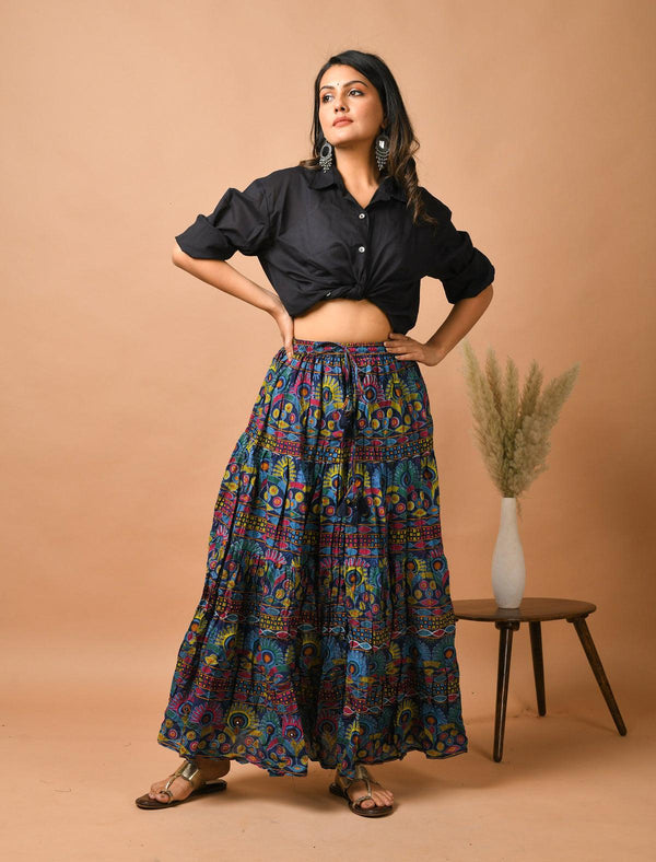 Blue Floral Flared Cotton Skirt - Indiakreations