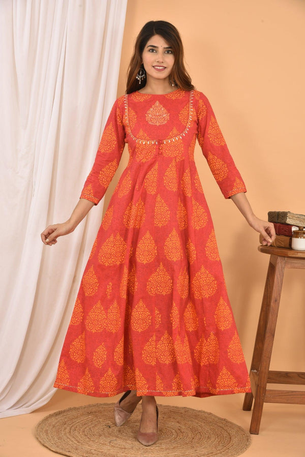 Women's Orange Printed Anarkali Kurta - KAAJH - Indiakreations