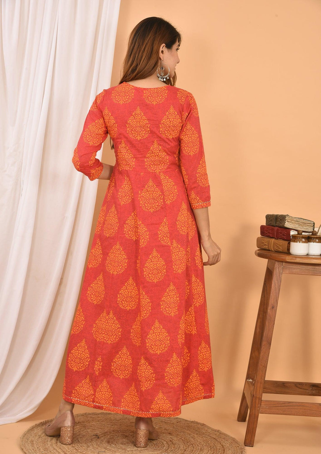 Women's Orange Printed Anarkali Kurta - KAAJH - Indiakreations