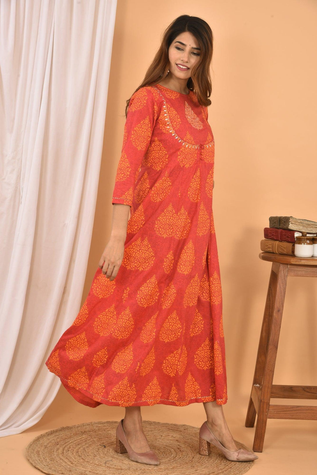 Women's Orange Printed Anarkali Kurta - KAAJH - Indiakreations