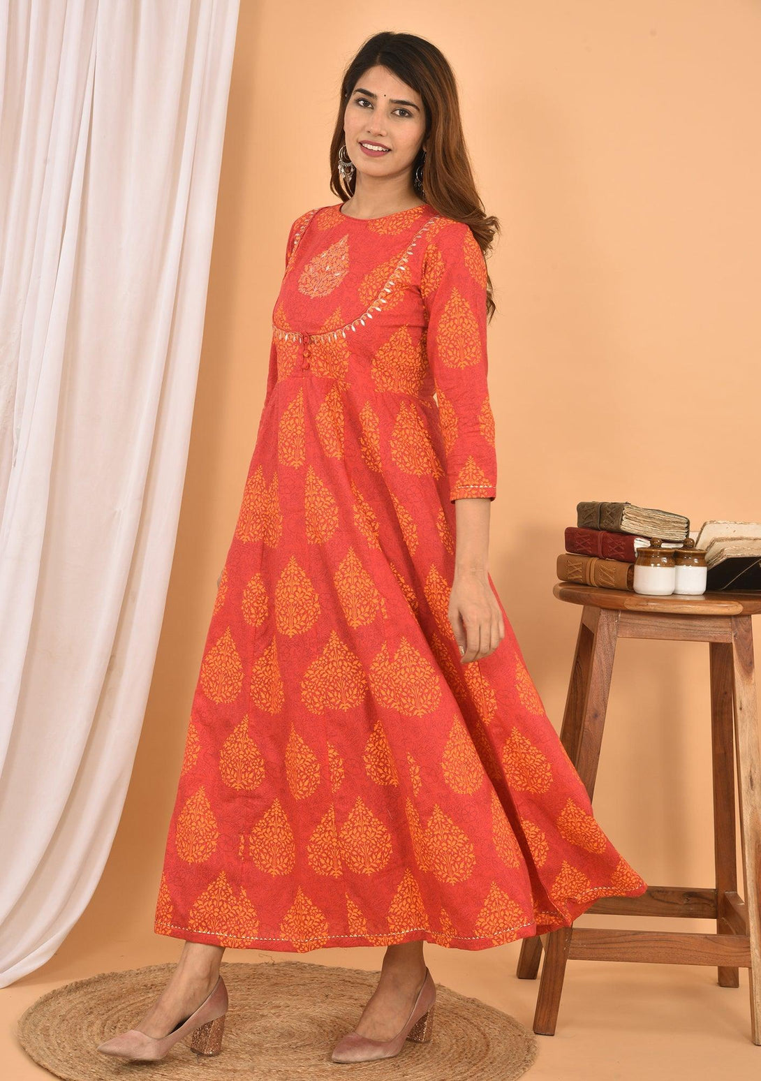 Women's Orange Printed Anarkali Kurta - KAAJH - Indiakreations