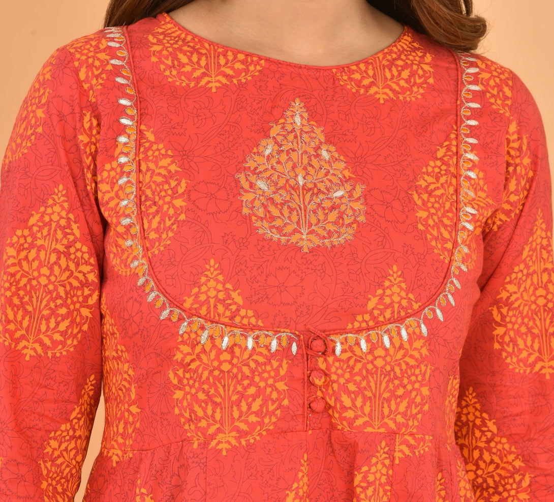 Women's Orange Printed Anarkali Kurta - KAAJH - Indiakreations