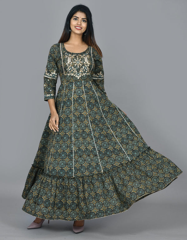 Women's Green Mirror Embroidery Anarkali Kurta - KAAJH