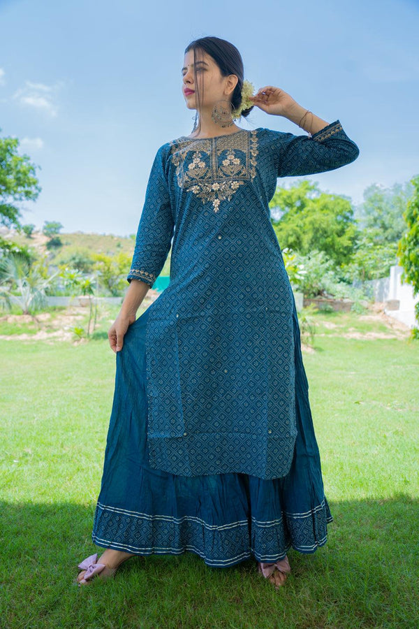 Blue Gold Printed Embroidery Kurta Sharara Set - Indiakreations