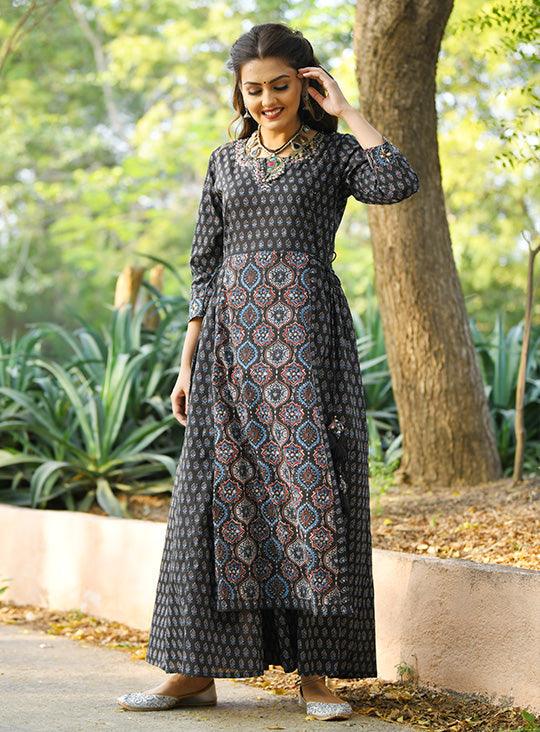 Blue Ajrak Print Gown - Indiakreations