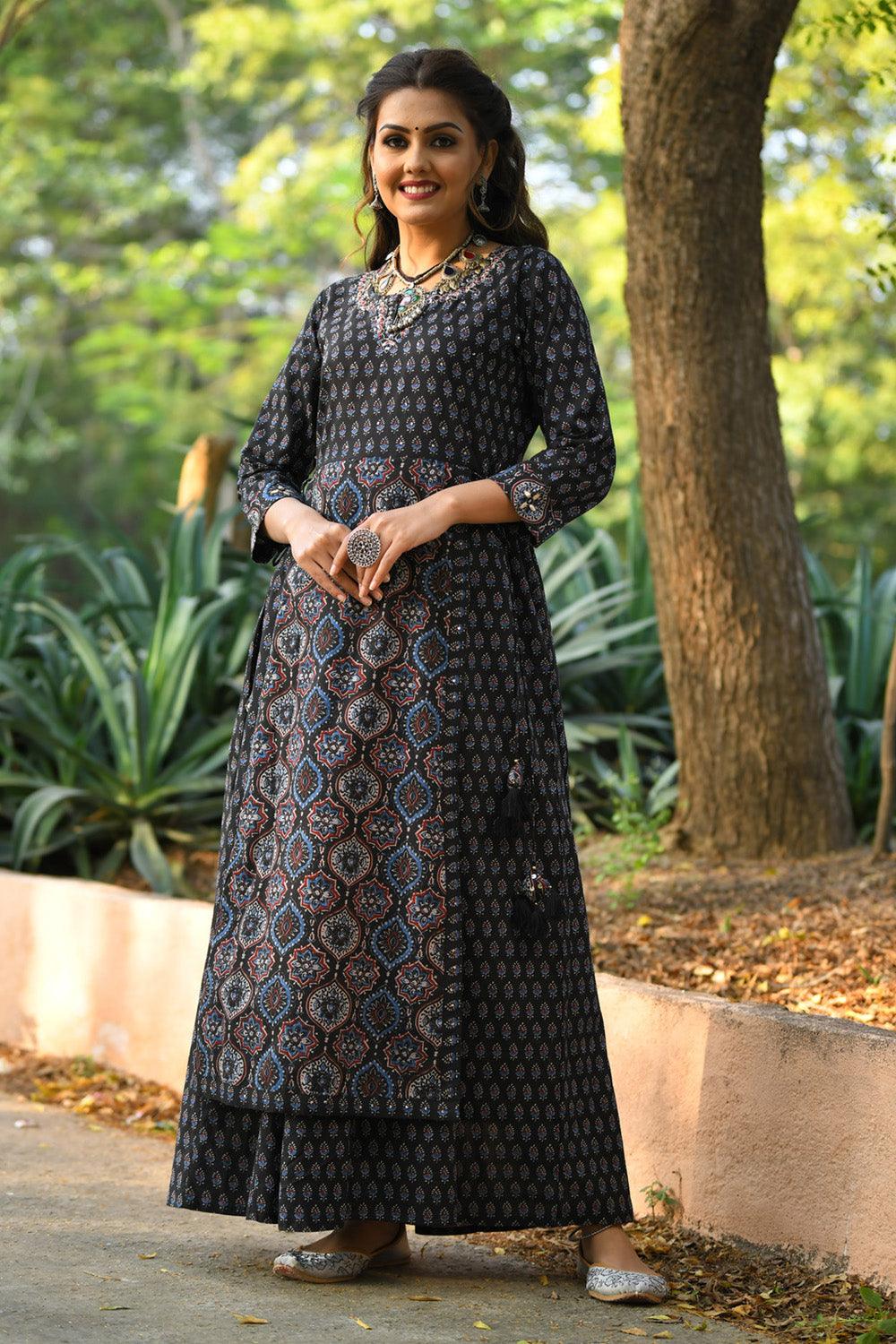 Blue Ajrak Print Gown - Indiakreations