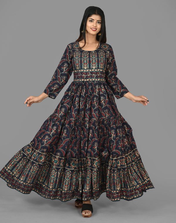 Women's Blue Gold Printed Ethnic Anarkali Kurta - KAAJH