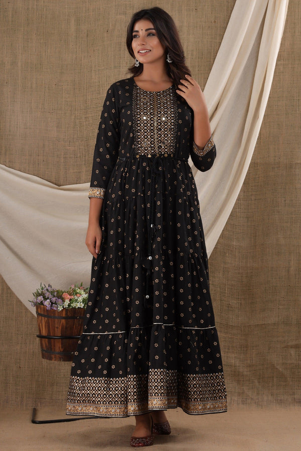 Black Mirror Embroidered Cotton Ethnic Gown - Indiakreations