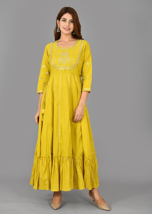 Women's Yellow Zari Embroidery Anarkali Kurta - KAAJH