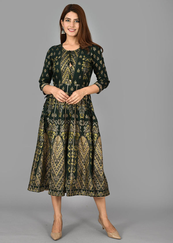 Green Gold Printed Fit And Flare Ethnic Gown - Indiakreations