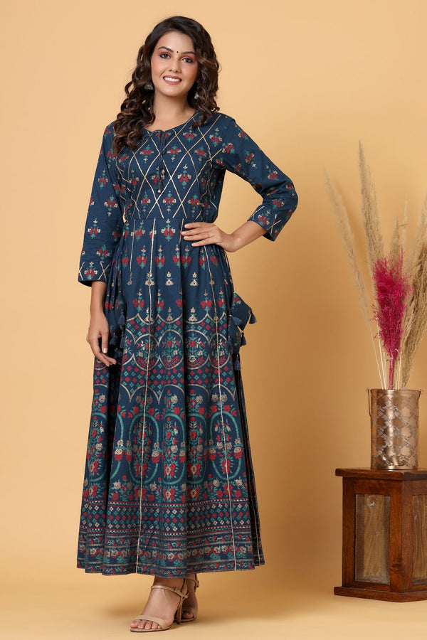 Women's Blue Embellishment Printed Anarkali Kurta - KAAJH