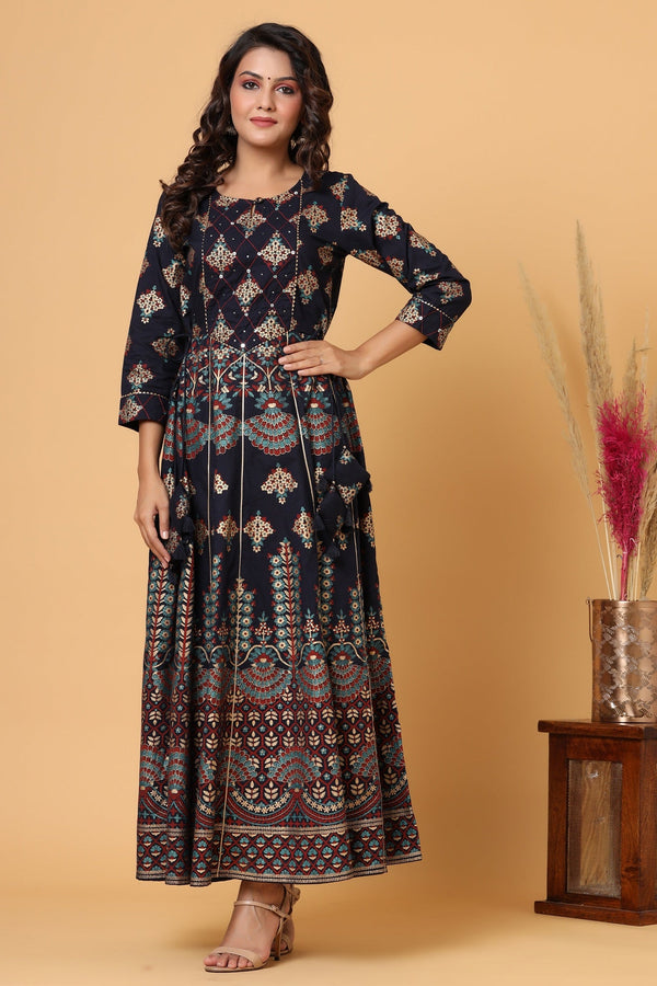 Women's Blue Gold Printed Embellishment Anarkali Kurta - KAAJH