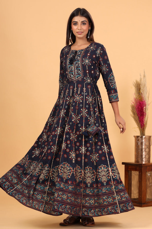 Women's Blue Gold Printed Embellishment Anarkali Kurta - KAAJH