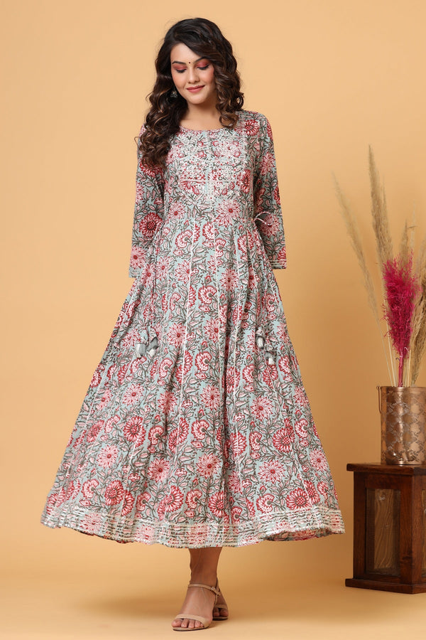 Women's Green Red Floral Print Embroidery Anarkali Kurta - KAAJH