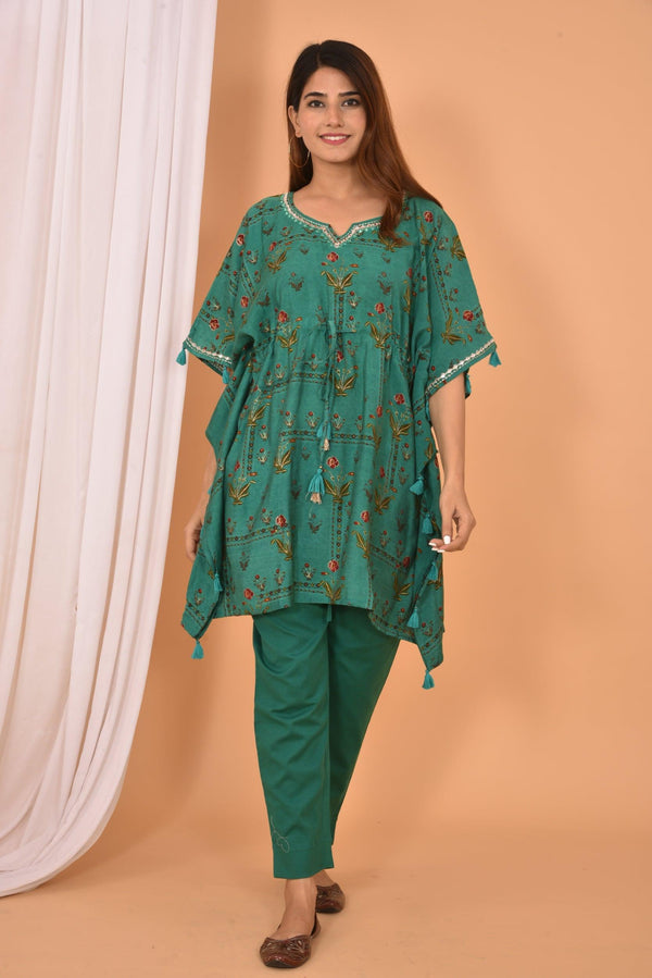 Green Mirror Embroidery Short Kaftan Pant Set - Indiakreations