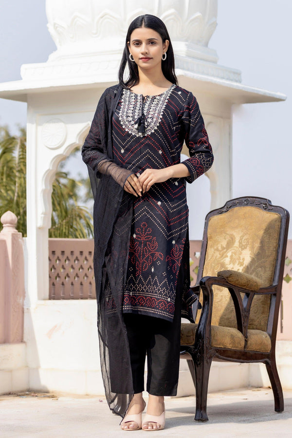 Black Embroidered Cotton Kurta Pant Set With Dupatta - Indiakreations