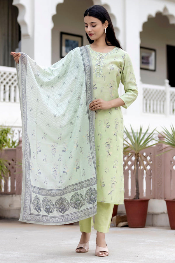 Green Floral Printed Modal Silk Kurta Pant And Dupatta Set - Indiakreations