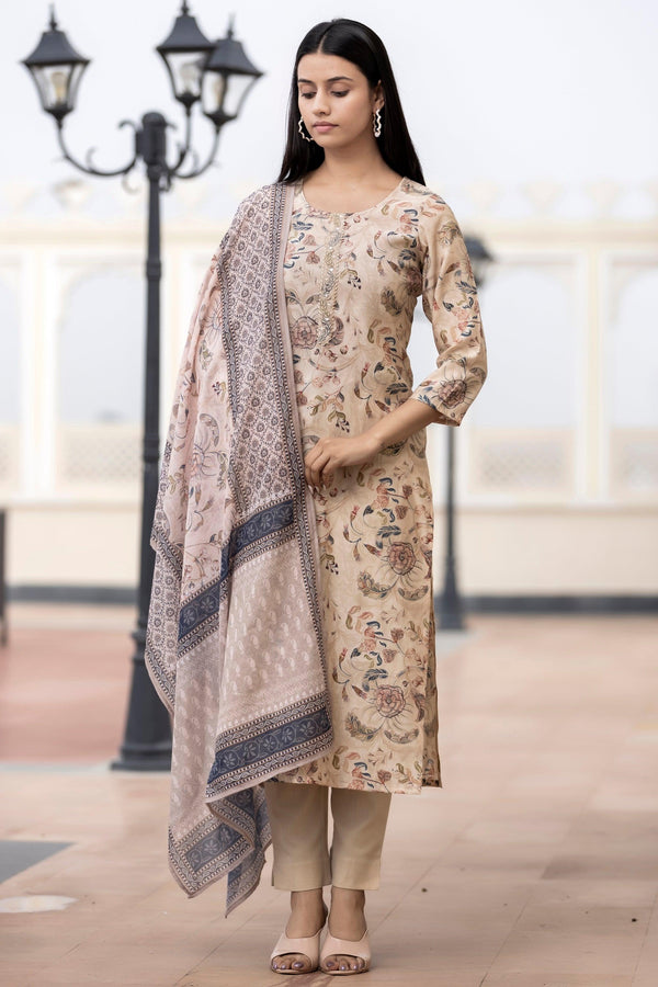 Cream Floral Printed Modal Silk Suit Set - Indiakreations