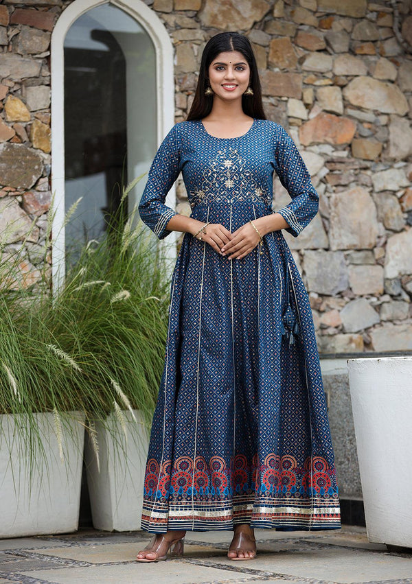 Blue Gold Printed Cotton Ethnic Dress - Indiakreations