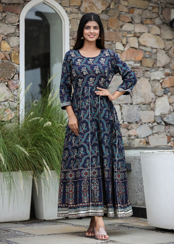 Blue Gold Printed Embroidered Cotton Ethnic Dress - Indiakreations