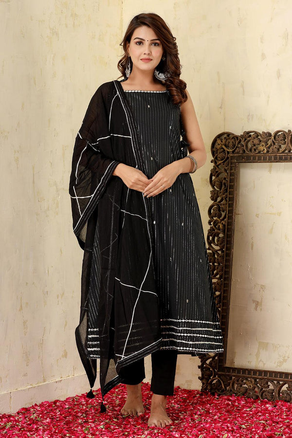 Black Lurex Sleeveless Cotton Kurta Pant With Dupatta Set - Indiakreations