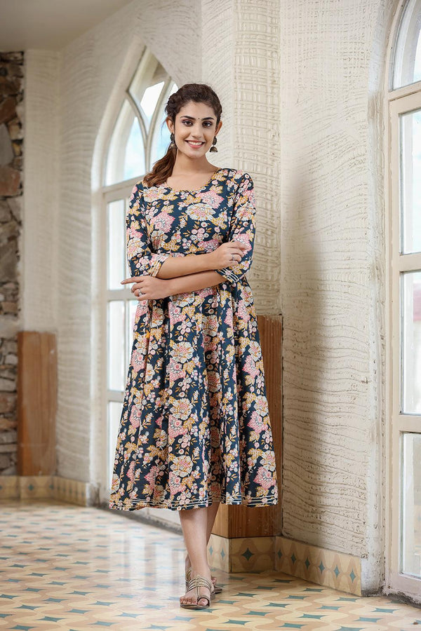 Women's Navy Blue Floral Printed Cotton Ethnic Dress - Kaajh - Indiakreations