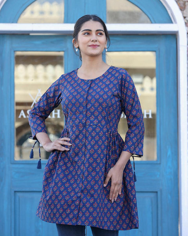 Blue Printed Shirt Style Cotton Tunic - Indiakreations