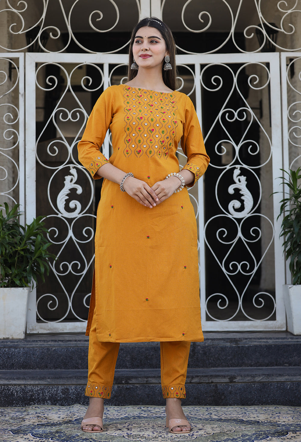 Women's Yellow Embroidered Cotton Kurta Pant Set - Kaajh