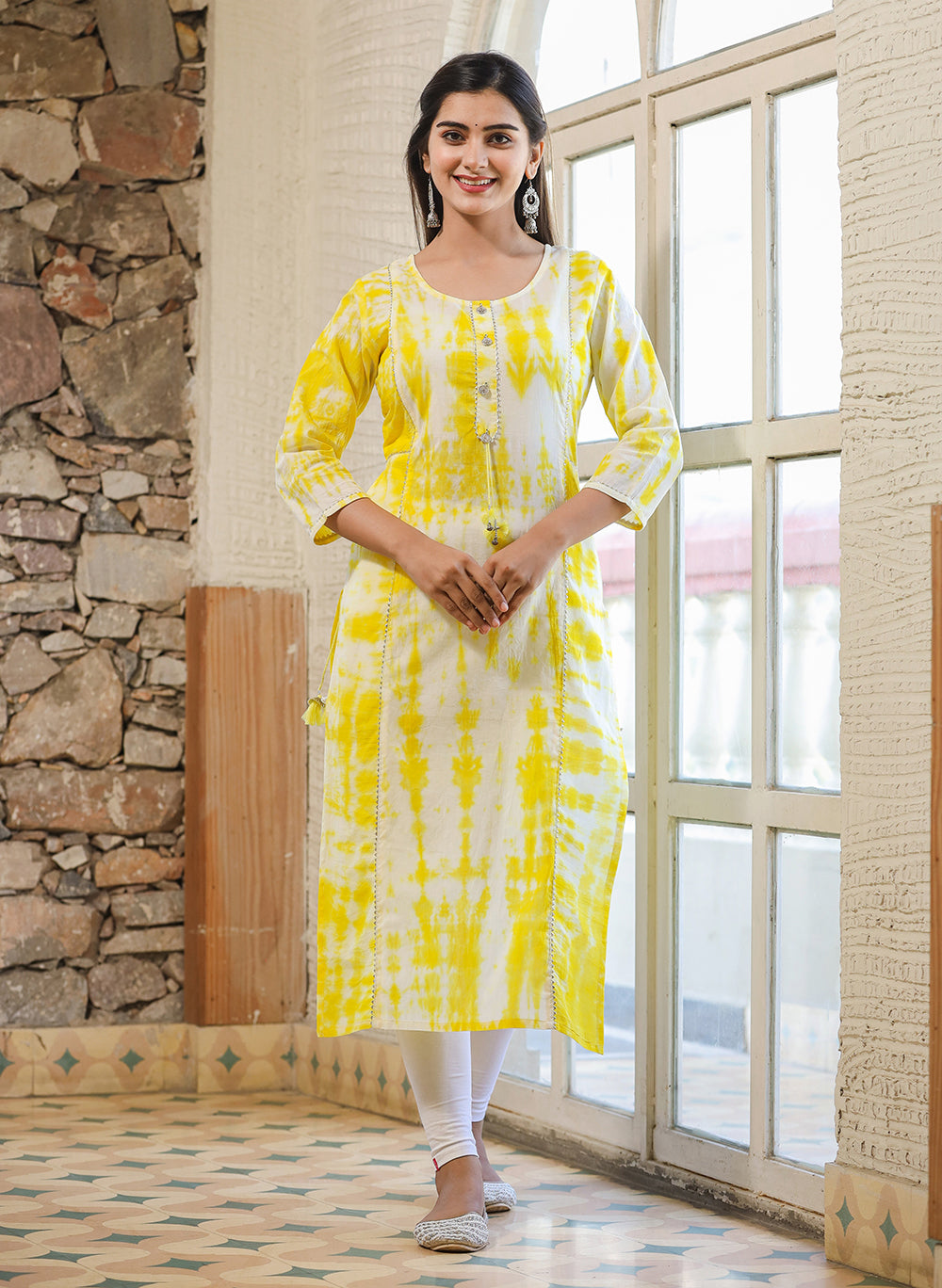 Women's Yellow Shibori Tie Dye Cotton Casual Kurta - Kaajh