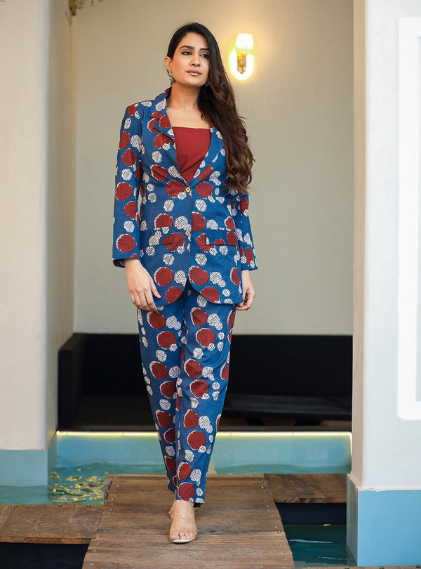 Blue Printed Three Piece Blazer Co-Ord Set - Indiakreations