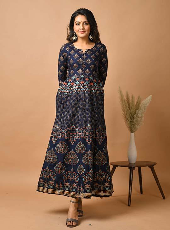 Blue Printed Ethnic Gown - Indiakreations