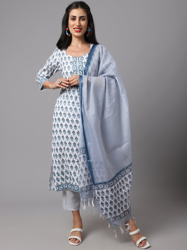 Women's White  Color  Printed Kurta and Pant Set with Dupatta  - AILISH