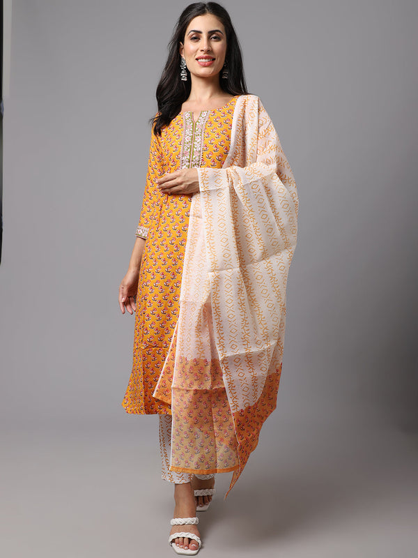 Women's Yellow  Color  Printed Kurta and Pant Set with Dupatta  - AILISH