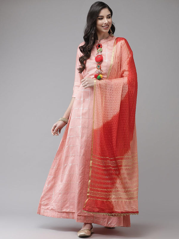 Women's Chanderi Silk Pink Embellished A-Line Kurta With Dupatta - Ishin - Indiakreations