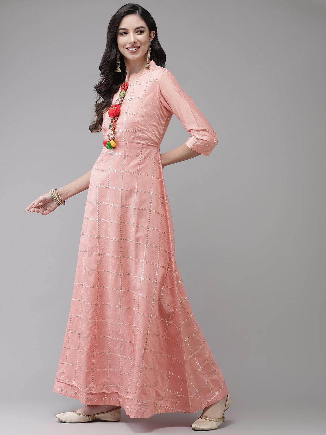 Women's Chanderi Silk Pink Embellished A-Line Kurta With Dupatta - Ishin - Indiakreations