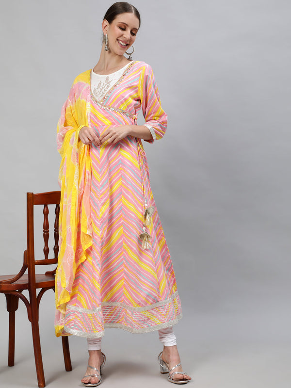 Women's Pink Embroidered Anarkali Chevron Kurta With Dupatta  - Ishin