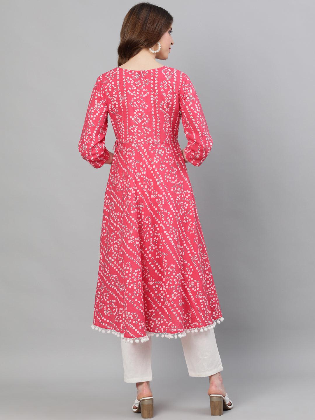 Women's Pink Bandhani Printed Anarkali Kurta - Ishin - Indiakreations