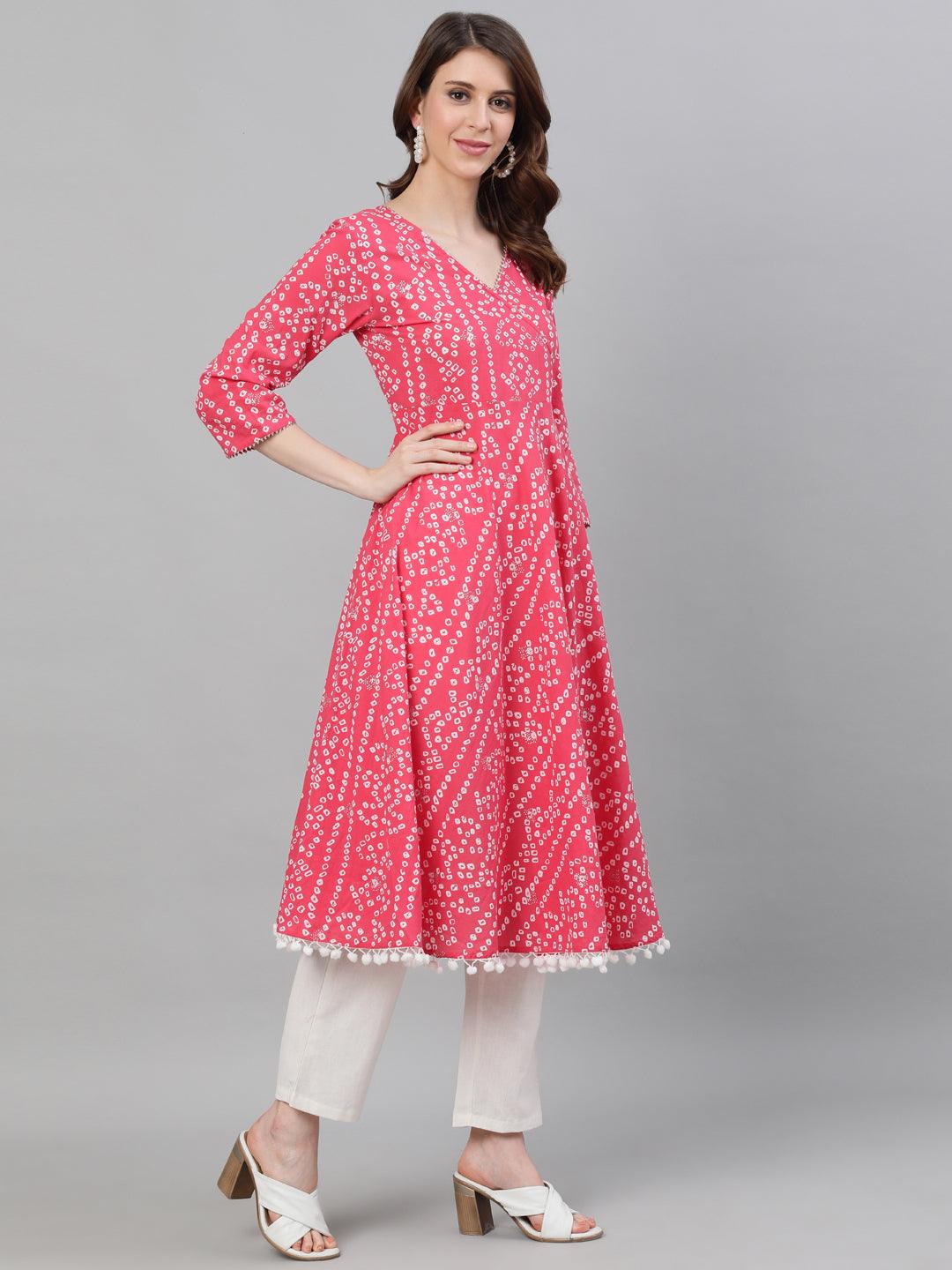 Women's Pink Bandhani Printed Anarkali Kurta - Ishin - Indiakreations