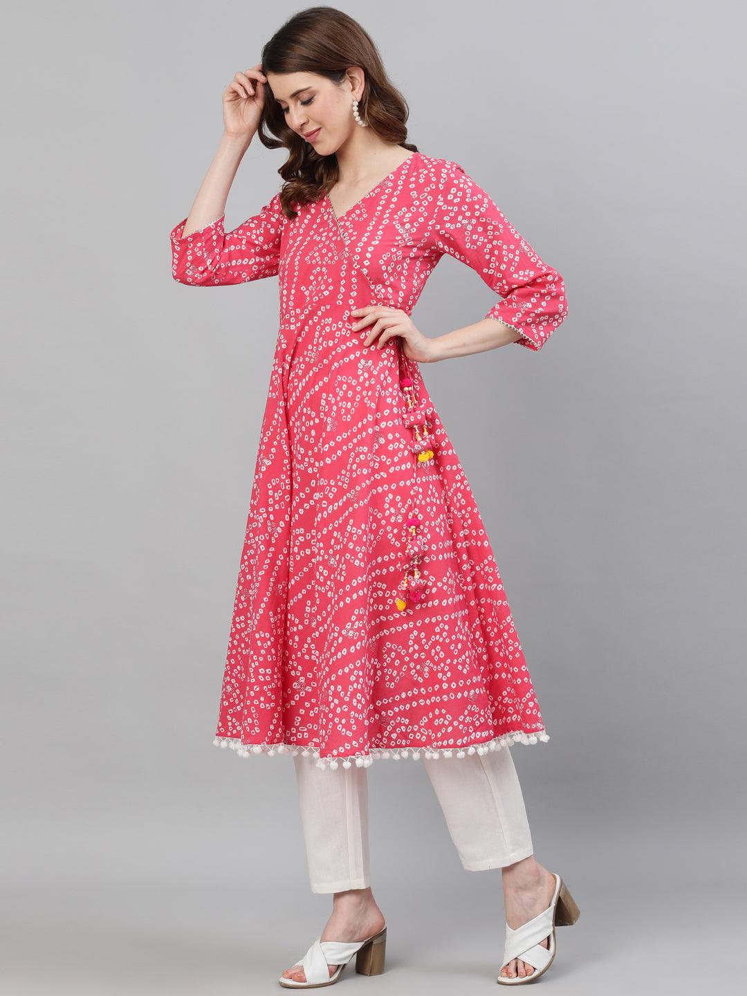 Women's Pink Bandhani Printed Anarkali Kurta - Ishin - Indiakreations