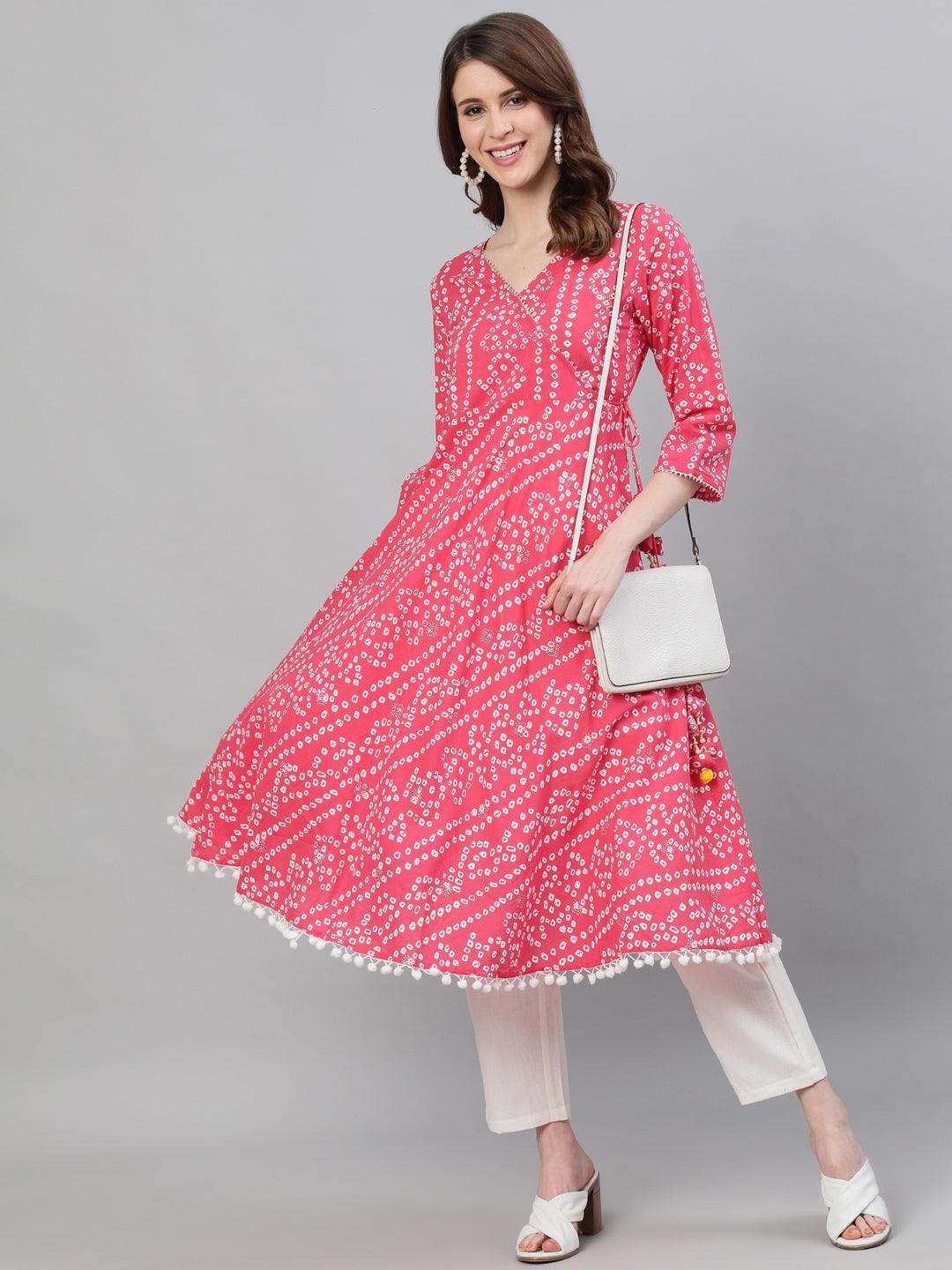 Women's Pink Bandhani Printed Anarkali Kurta - Ishin - Indiakreations