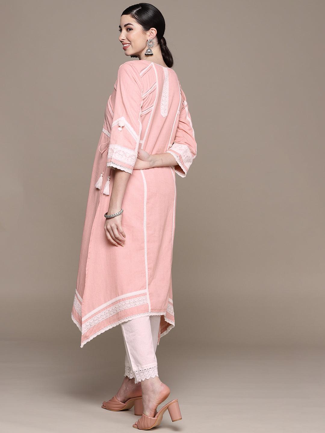 Women's Cotton Pink Embroidered A-Line Asymmetric Kurta - Ishin - Indiakreations