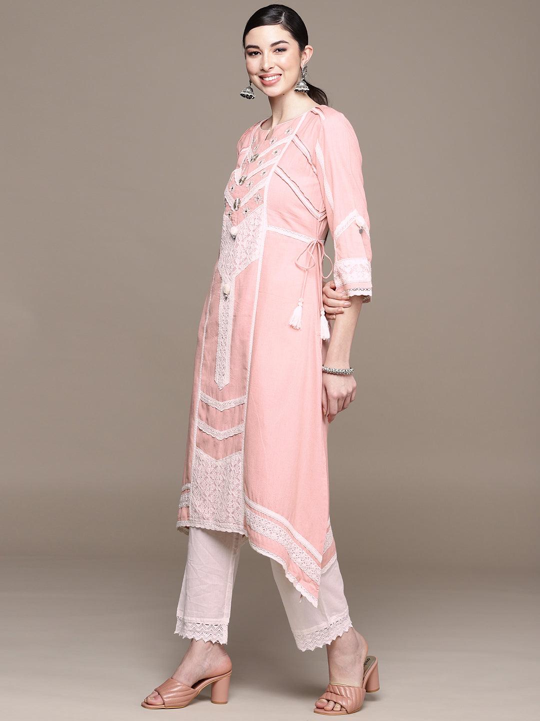 Women's Cotton Pink Embroidered A-Line Asymmetric Kurta - Ishin - Indiakreations