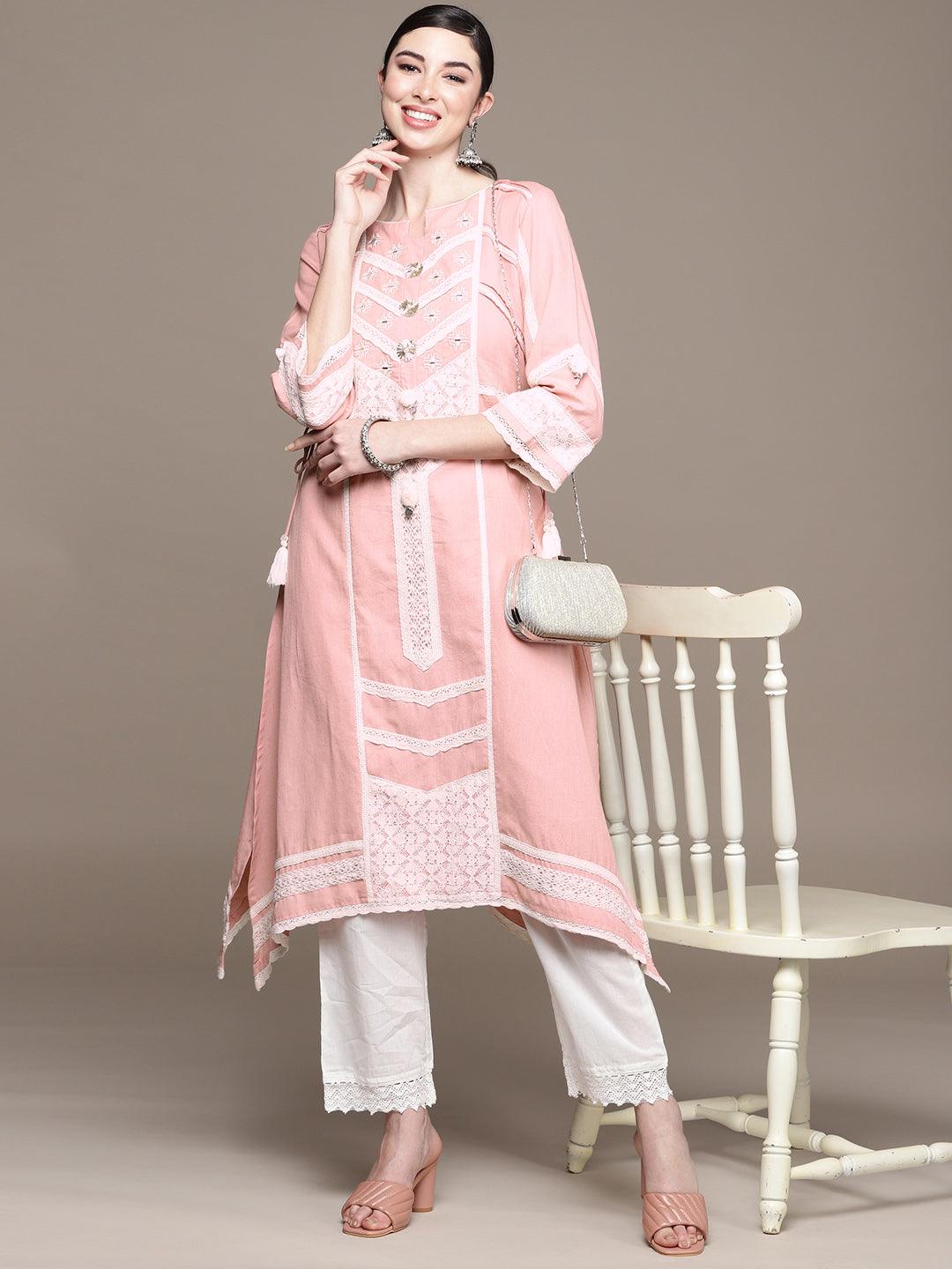 Women's Cotton Pink Embroidered A-Line Asymmetric Kurta - Ishin - Indiakreations