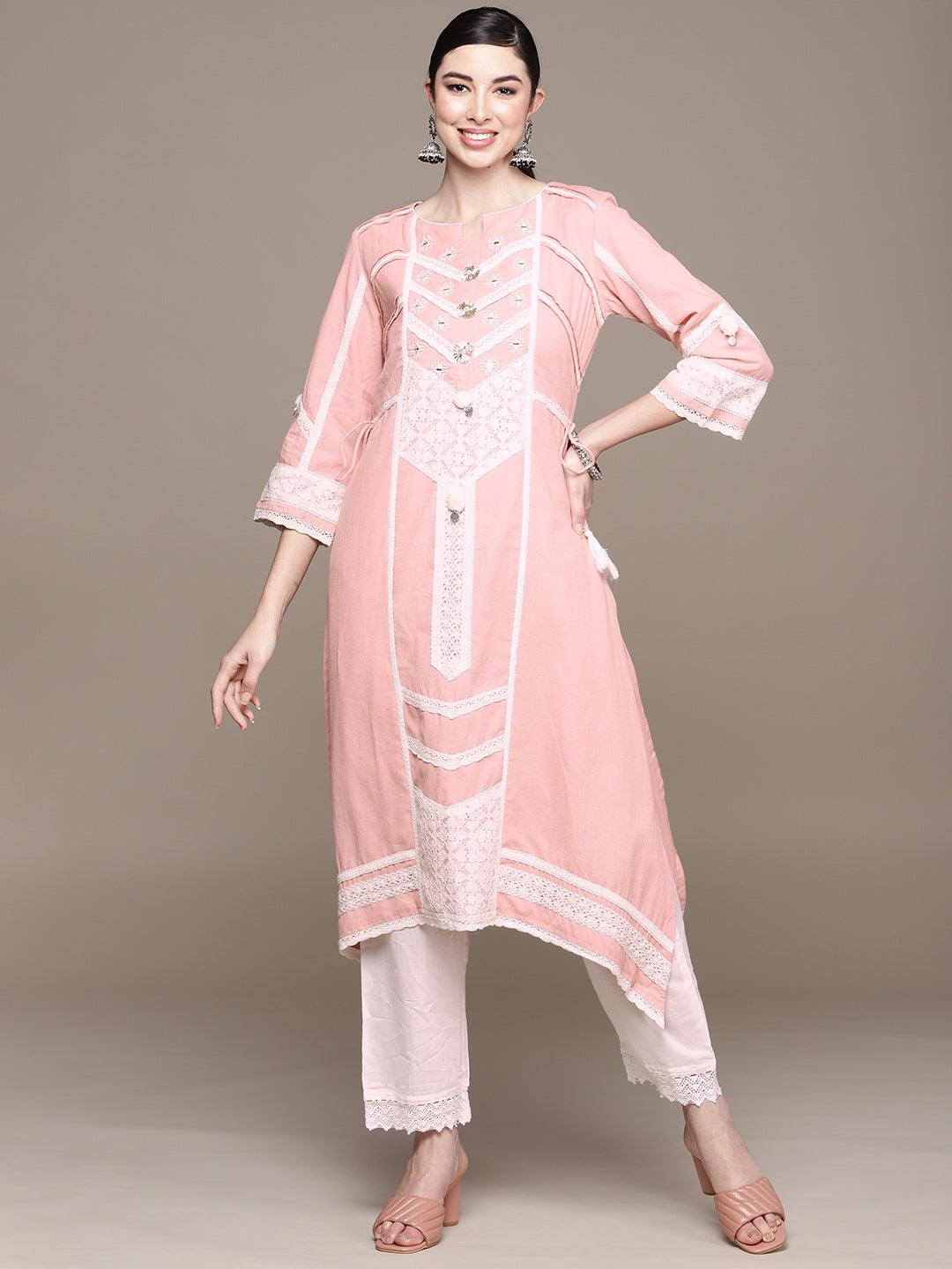 Women's Cotton Pink Embroidered A-Line Asymmetric Kurta - Ishin - Indiakreations