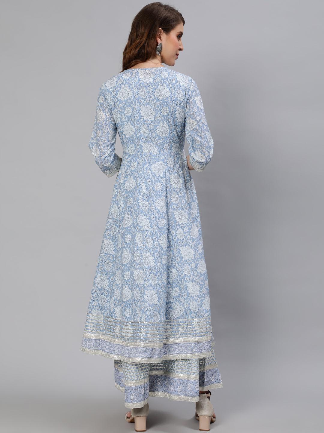 Women's Blue Zari Embroidered Flare Anarkali Kurta With Jacket - Ishin - Indiakreations